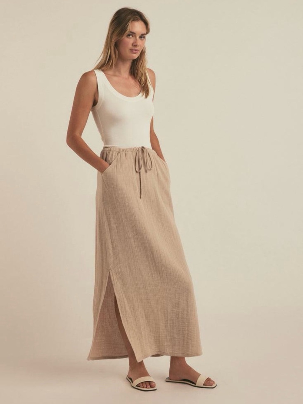 Favorite Daughter The Slip It On Cotton Gauze Maxi Skirt Beige XS